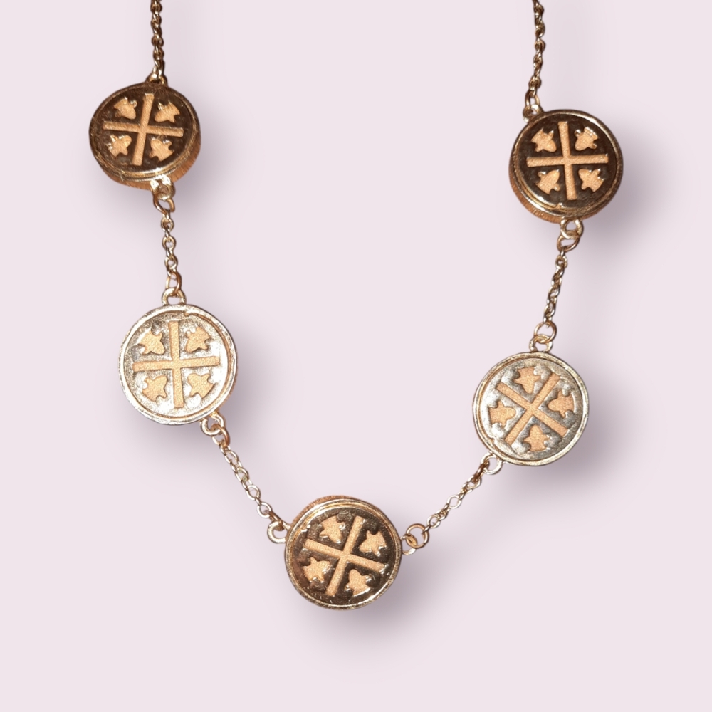 Anthro Cross medallion goldtone station necklace adjustable length